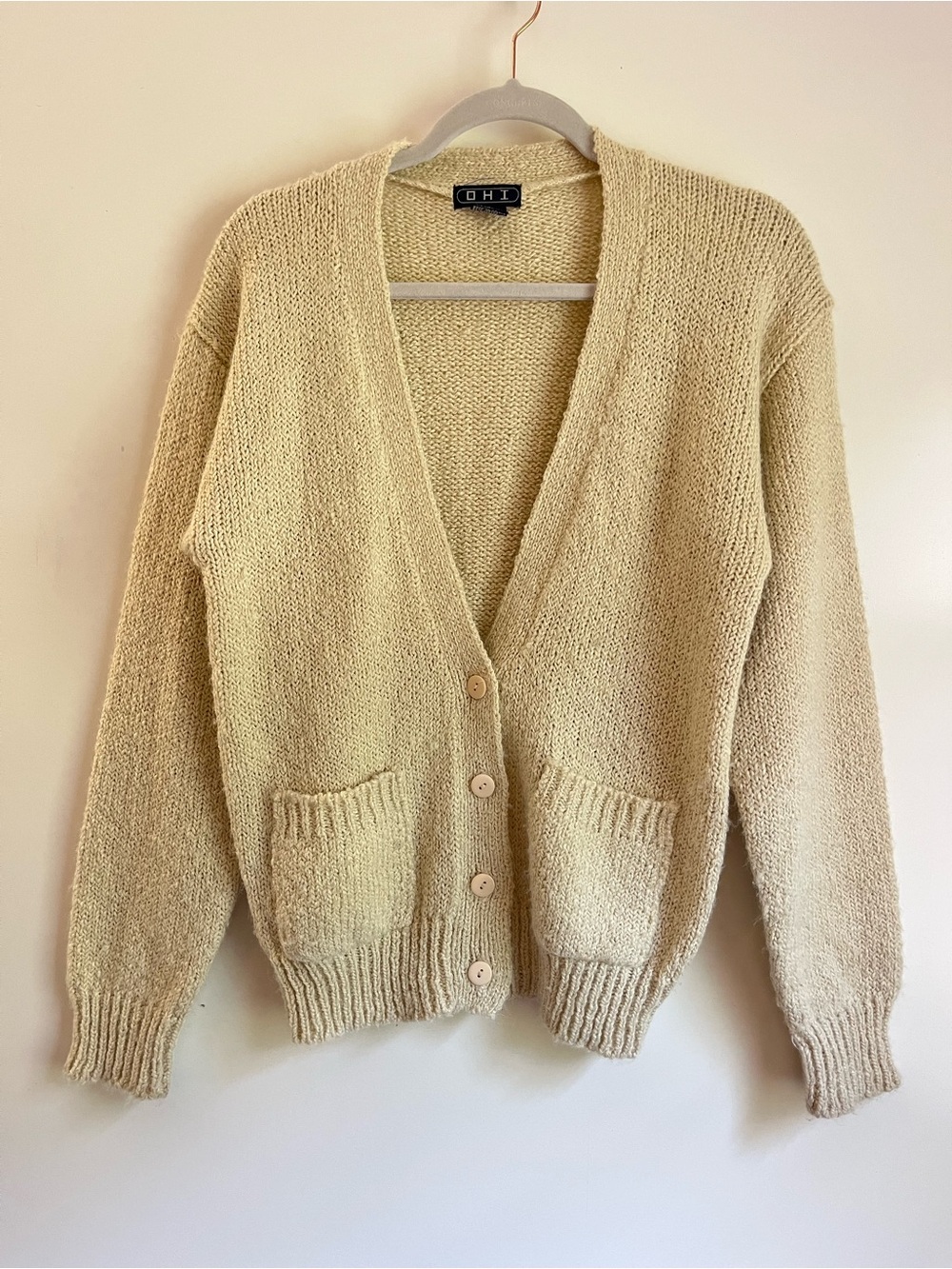 OHI Women’s Cream Button-Front V-Neck Grandpa Cardigan With Pockets, Size Small